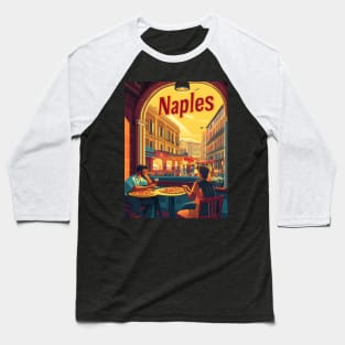 Two people savor delicious pizza at an outdoor cafe in Naples, surrounded by lively streets and beautiful buildings as the sun sets, Baseball T-Shirt
